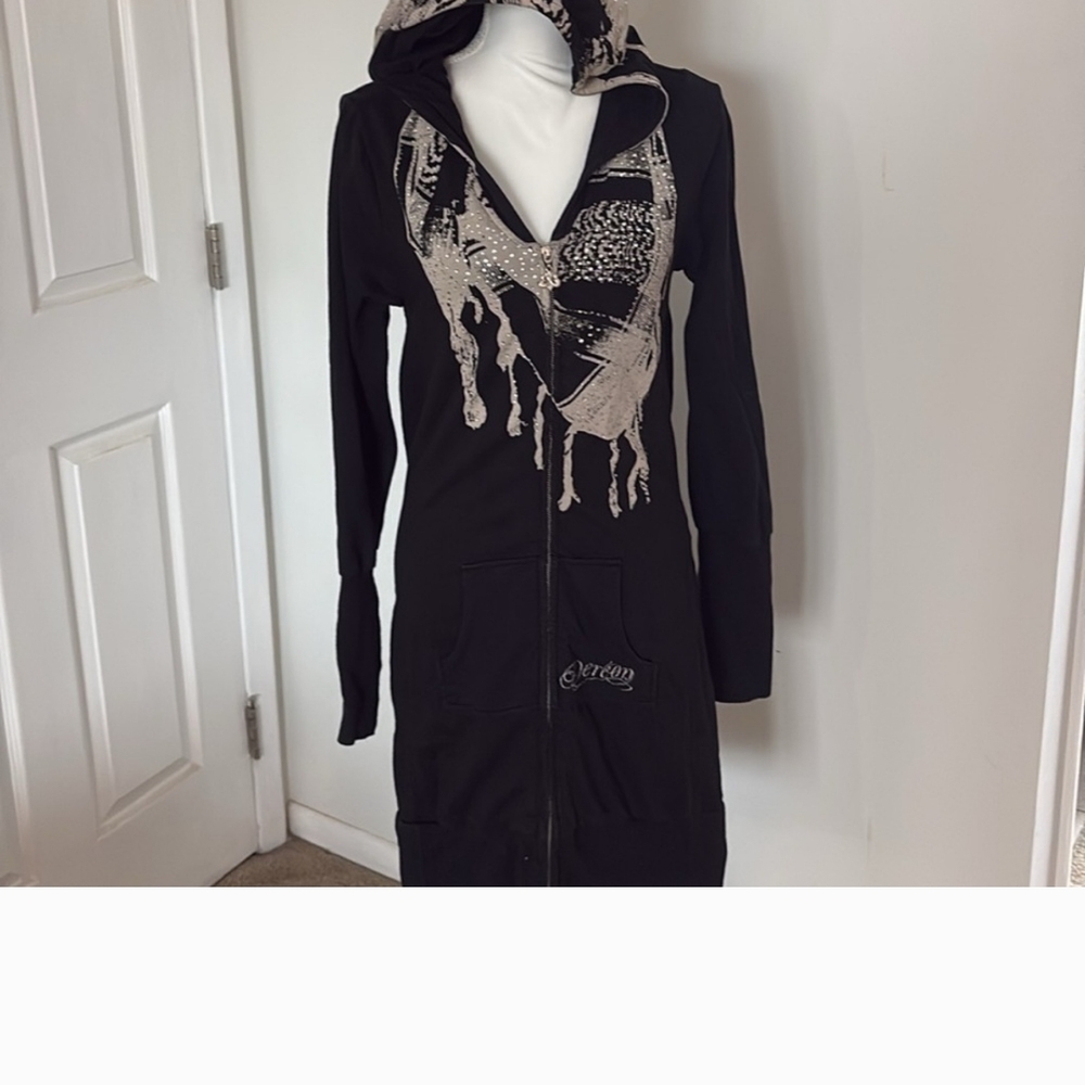 Dereon Rare Black Long Zip Hoodie Dress With Rhinestone Graphics. M
